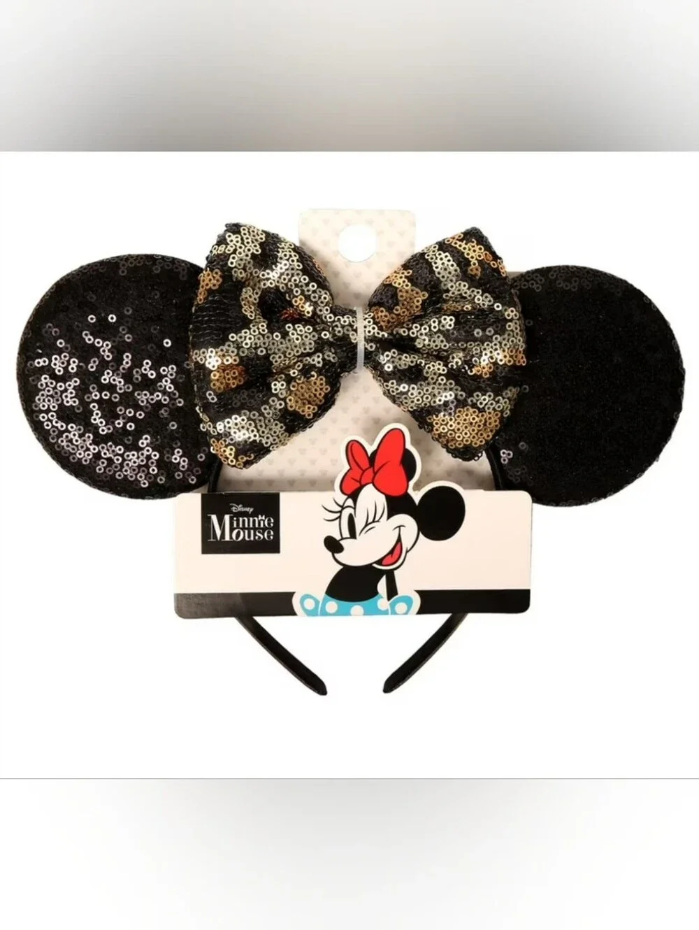 Disney Minnie Mouse Black and Gold Animal Print Sequin Bow Ear Headband NWT